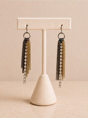 Mixed Metal Chain Tassel Dangle Earrings Black Gold Silver Rhinestone Statement